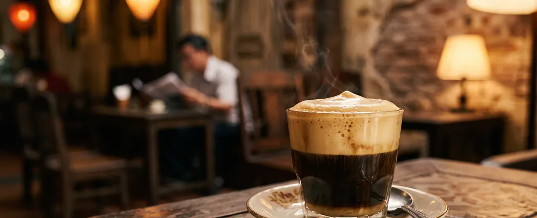 Ly cà phê trứng Hà Nội — lớp kem trứng vàng óng bông mịn phủ trên cà phê nóng, trong quán cà phê phố cổ ấm cúng.